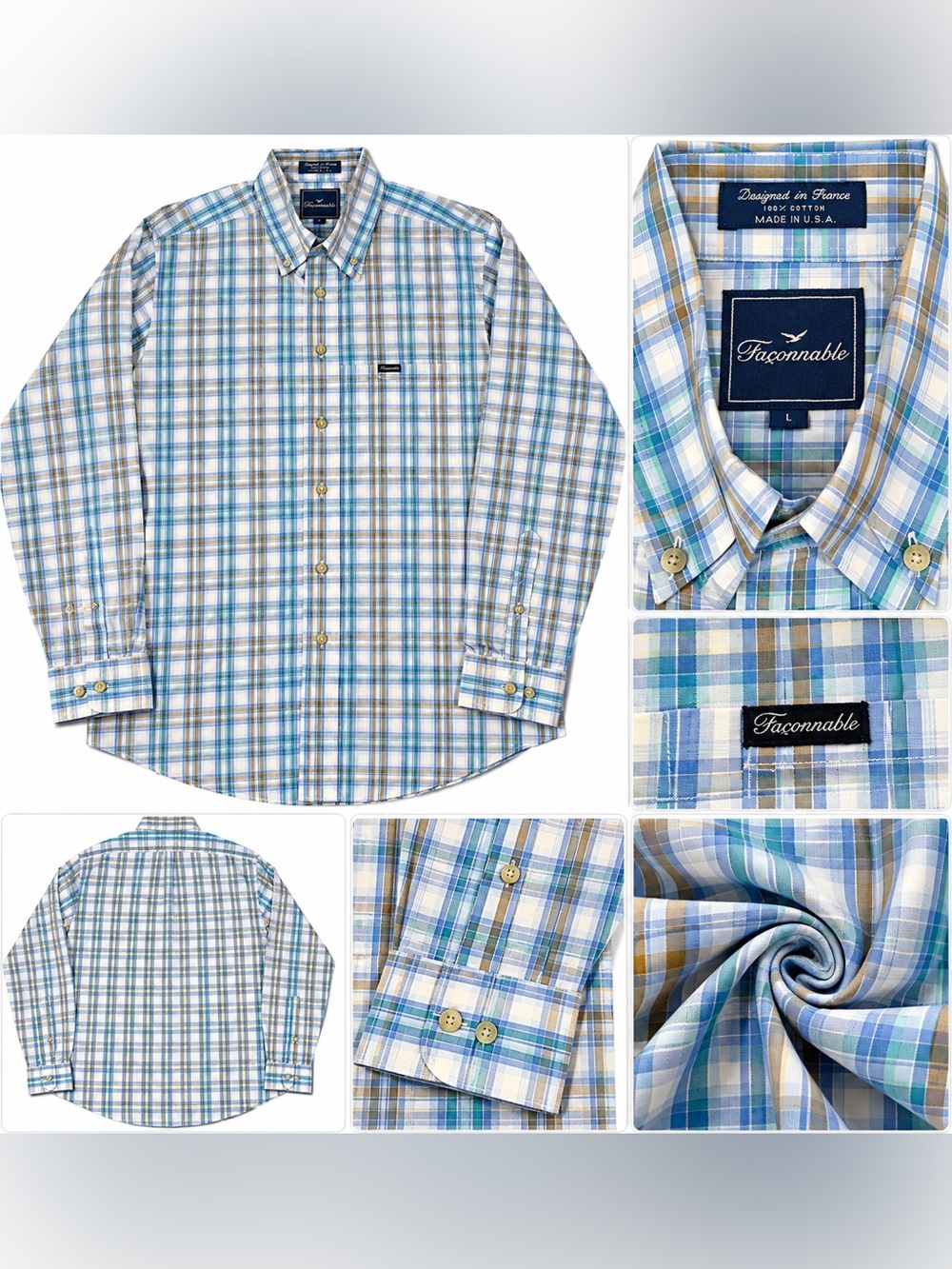 Faconnable Plaid Button-Down Shirt in Blue, Green & Cream